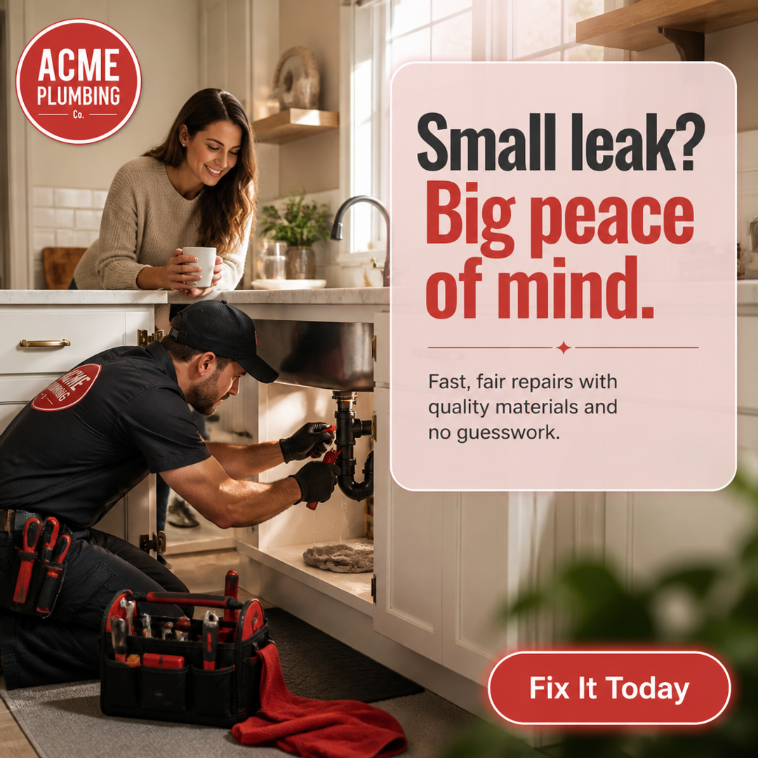 Example of a cinematic plumbing ad: a real-feeling kitchen scene with a smiling customer and a technician under the sink, an editorial headline 'Small leak? Big peace of mind.' and a single Fix It Today CTA pill.